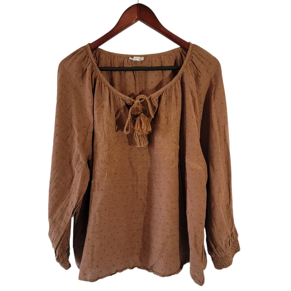 A.N.A. Brown Floral Embroidered Tasel Bohemian  Blouse Sz XXL Cotton Academia